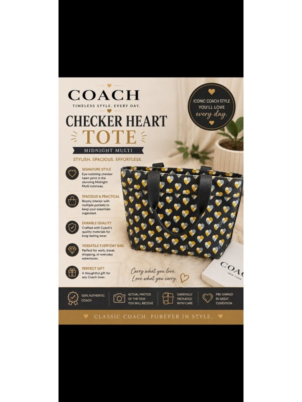 Coach Tote Checker Heart Print Midnight Multi (Style F25917)